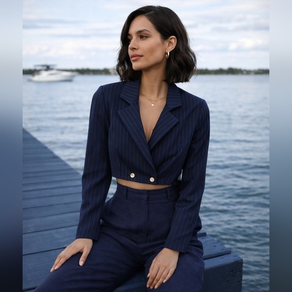STAUD Jackets & Blazers - STAUD‎ Navy Pinstripe Cropped Blazer Tailored Chic Minimalist Jacket Size 6